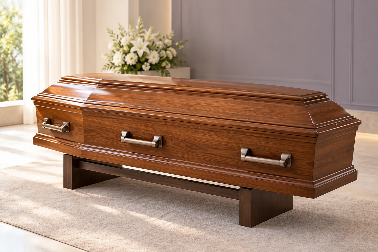 Urna funerária de madeira fechada com alças metálicas