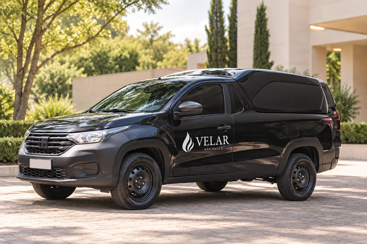 Ilustração de veículo funerário compacto adaptado com identificação Velar
